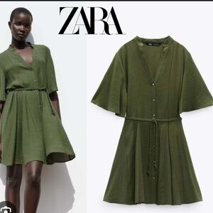 Zara Green Button-Down Dress with Braided Belt
